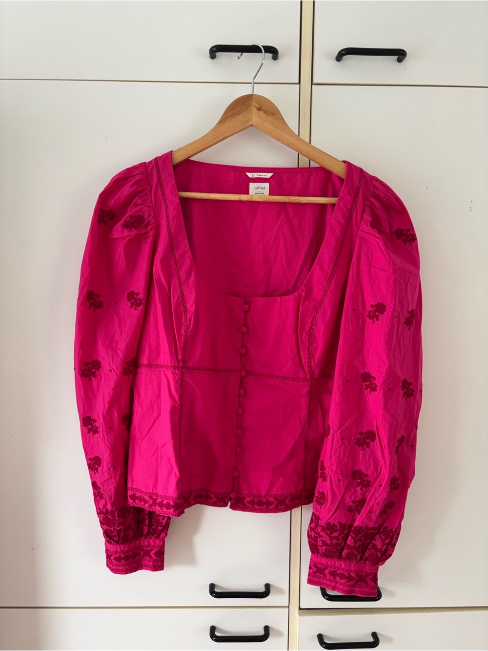 Wilfred La Bohème Fuchsia Embroidered Peasant Blouse Cottagecore Puff Sleeves - Picture 2 of 12